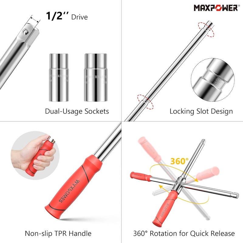 Max Power Lug Wrench, Tire Wrench With 1/2-Inch Drive and 2PCS Standard Sockets (17 mm/19 mm, 21 mm/23 mm), Detachable Rapid Cross Lug Nut Wrench With Storage Box - Image 3